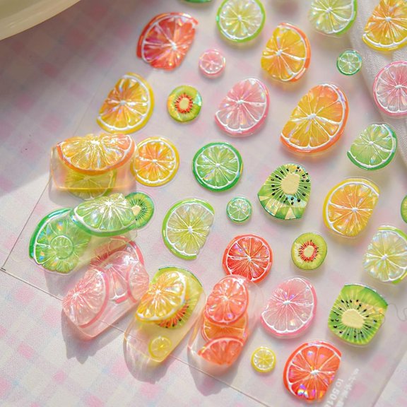 CCOCC 1Sheet 5D Embossed Fruits Nail Stickers for Nail Art Colorful Lemon Orange Nail Decals Self-Adhesive Kiwifruit Lemon Spring Summer Nail Design Relief Fruit Nail Art Supplies