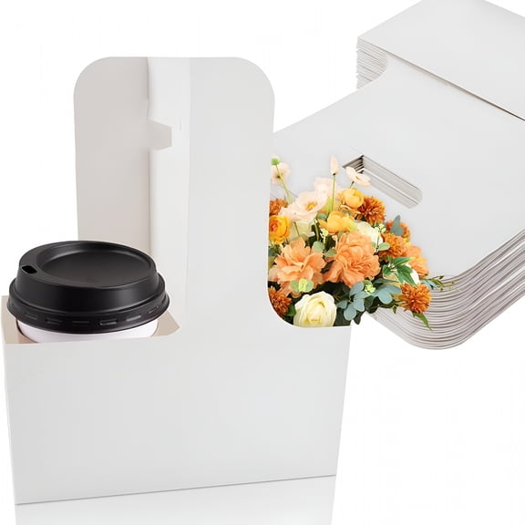 CCOCC 2 Cup Drink Carrier with Handle - 12Pcs Disposable Paper Cardboard Coffee Cup Holder Portable Drink Caddy Cup Carriers to go Cup Holder Food Delivery Accessories for Hot/Cold Drinks (White)