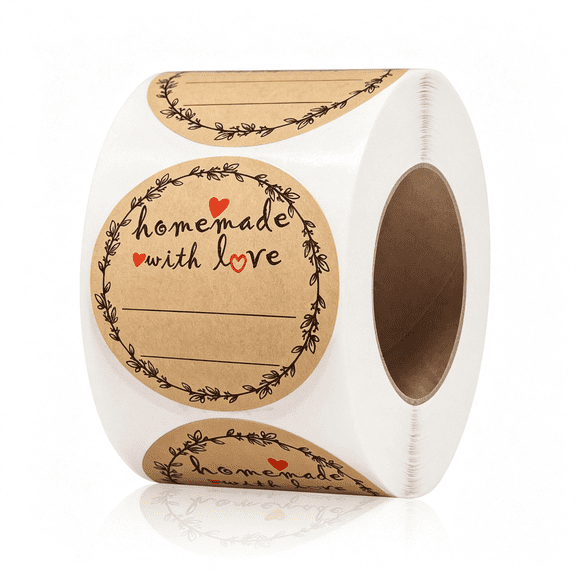 CCOCC 2" Homemade with Love Stickers, Kraft Jam and Jelly Jar Canning Labels with 2 Lines for Writing, Mason Jar Labels for Bottles, 500 Per Roll Kraft Paper Cookie Stickers