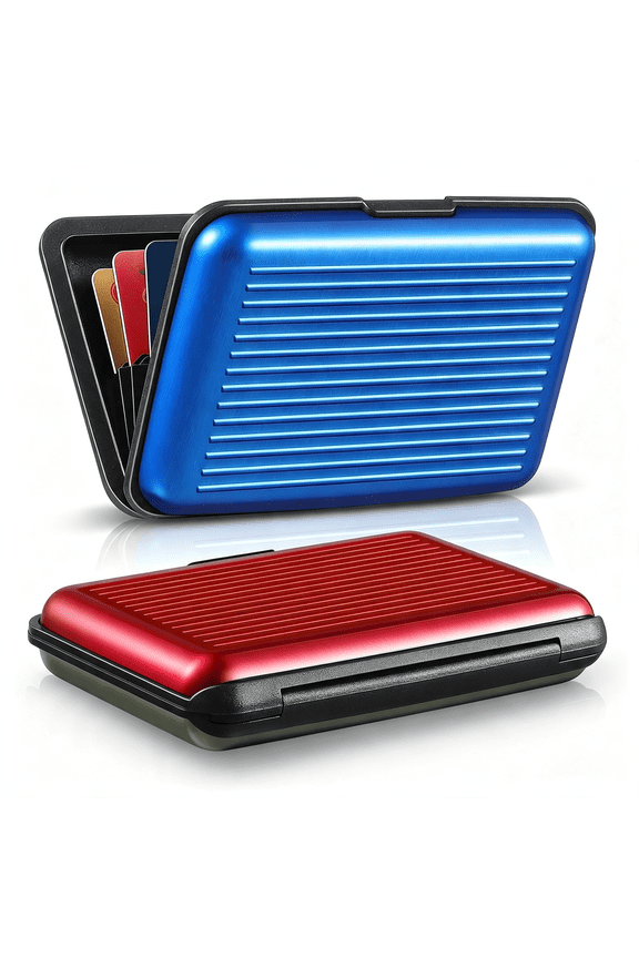 2 Pieces Credit Card Holder Slim Mini Rfid Blocking Credit Card Protector Aluminum Business Box Metal Id Organizer Wallet with 6 Slots for Women Men(Red,Blue)