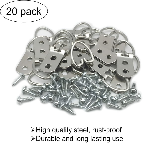 CCOCC 20 Pack D-Ring Steel Picture Hangers Heavy Duty with Screws Picture Frames Double Holes Clasp Picture Hang Solutions,For Hanging Clock Paintings Artwork Picture Frame Hook Photos Mirrors