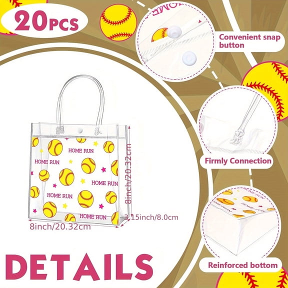 CCOCC 20 Pcs Clear Softball Gift Bags with Reinforced Handles,883.15 Inch Durable Pvc Reusable Goodie Bags with Baseball Home Run Pattern for Sports Themed Party Team Events Game Day Favors