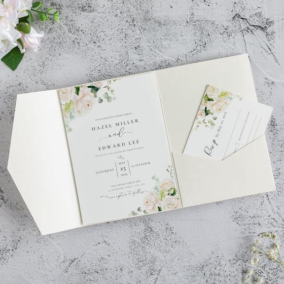 CCOCC 20 Pcs Ivory Tri-Fold Laser Cut Wedding Invitation Pockets for 5X7 Wedding Cards Bridal Shower Engagement Quinceanera Invitation Ivory Tri-Fold Wedding Invitation Sleeves