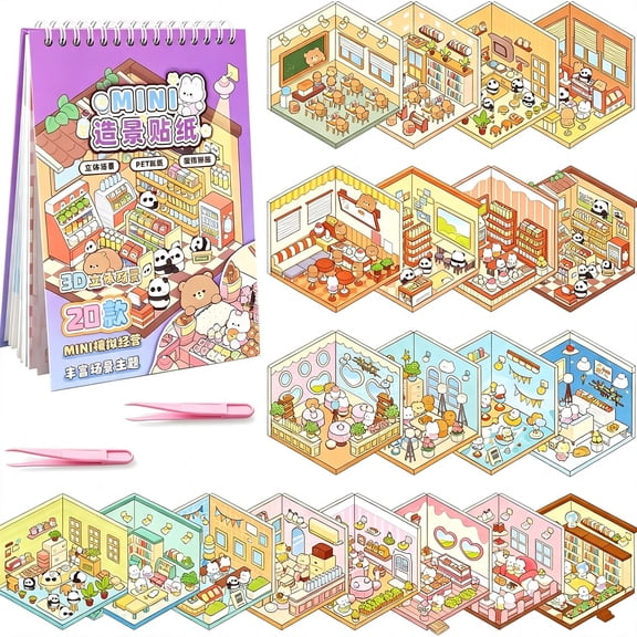 CCOCC 20 Sets Diy 3D Scene Stickers Book, Cartoon Room Scenes Sticker Book | Make Your Own Scene House Stickers Therapy for Adults Relief Stress Relief Stress Sticker Therapy