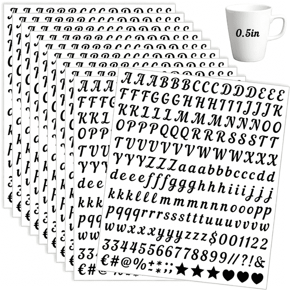 CCOCC 2000 Pieces 10 Sheets Vinyl Letter Stickers Small,1/2 Inch Cursive Letter,Self-Adhesive Waterproof Alphabet Numbers for Scrapbooking Arts Crafts Water Bottle Mailbox Diy(Black)