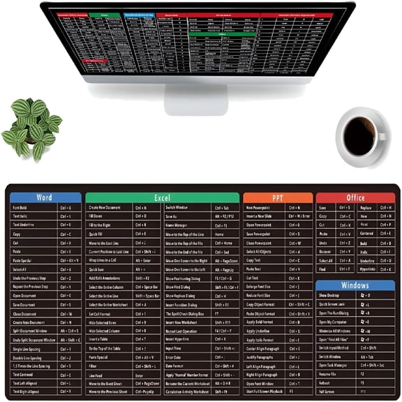 CCOCC 2025 New Super Large Excel Cheat Sheet Desk Pad, Rubber Mouse Pad with Excel and Word Shortcuts, PC Office Spreadsheet Quick Keyboard Mat Mousepad, Non-Slip Stitched Edge(11.8 * 31.5 * 0.08in)