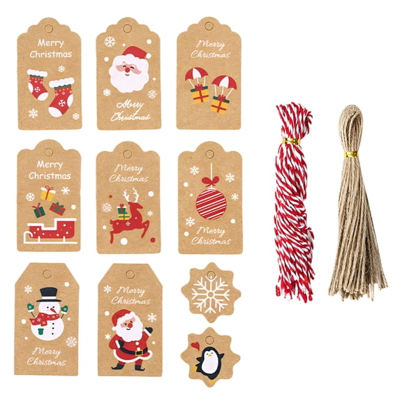 CCOCC 2026 New 100-Pack Christmas Gift Tags-Santa Claus Holiday Name Tags with Ropes-Kraft Brown Paper Labels for Xmas Presents Diy Wrapping Cards(10 Styles)