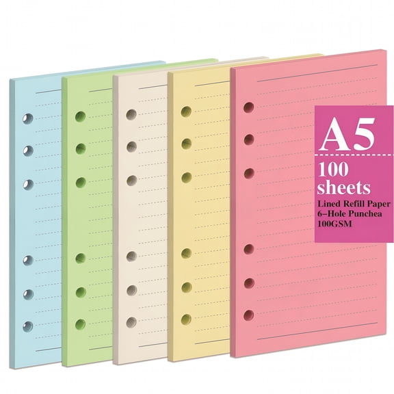 CCOCC 2026 New 100 Sheets A5 Lined Refill Paper 5 Colors 6 Hole Punched Loose Leaf Paper for Refillable Notebook Binder for Journal and Planner Inserts