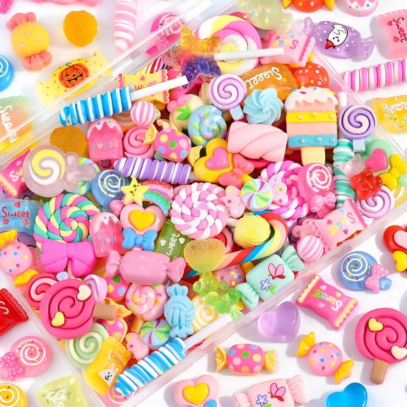 CCOCC 2026 New 100Pcs Fake Candy Charms Cute Flatback Resin Charms for Slime,Random Kawaii Charm for Embellishments Phone Junk Case Charms Bulk Rainbow Bow Heart Lollipop,Scrapbooking Diy Decor