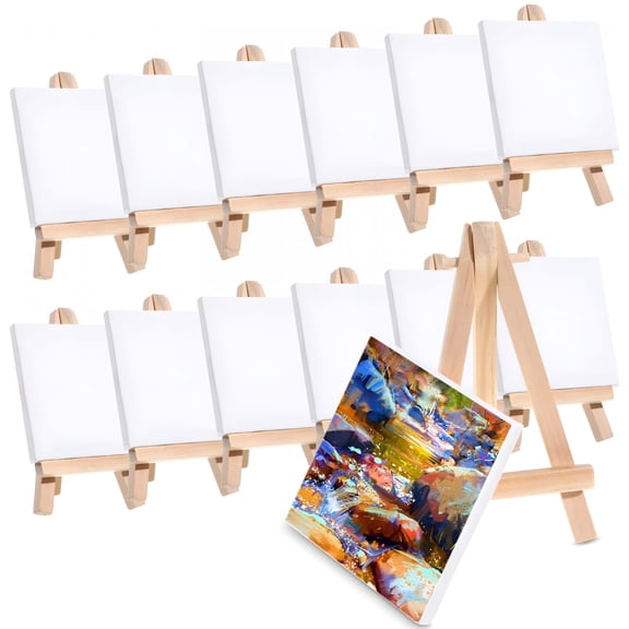 CCOCC 2026 New 12 Packs Mini Canvas and Easel Set,For Desk,Studio,Classroom Tabletop Wooden Display Stand and Canvas Panels for Artist Students