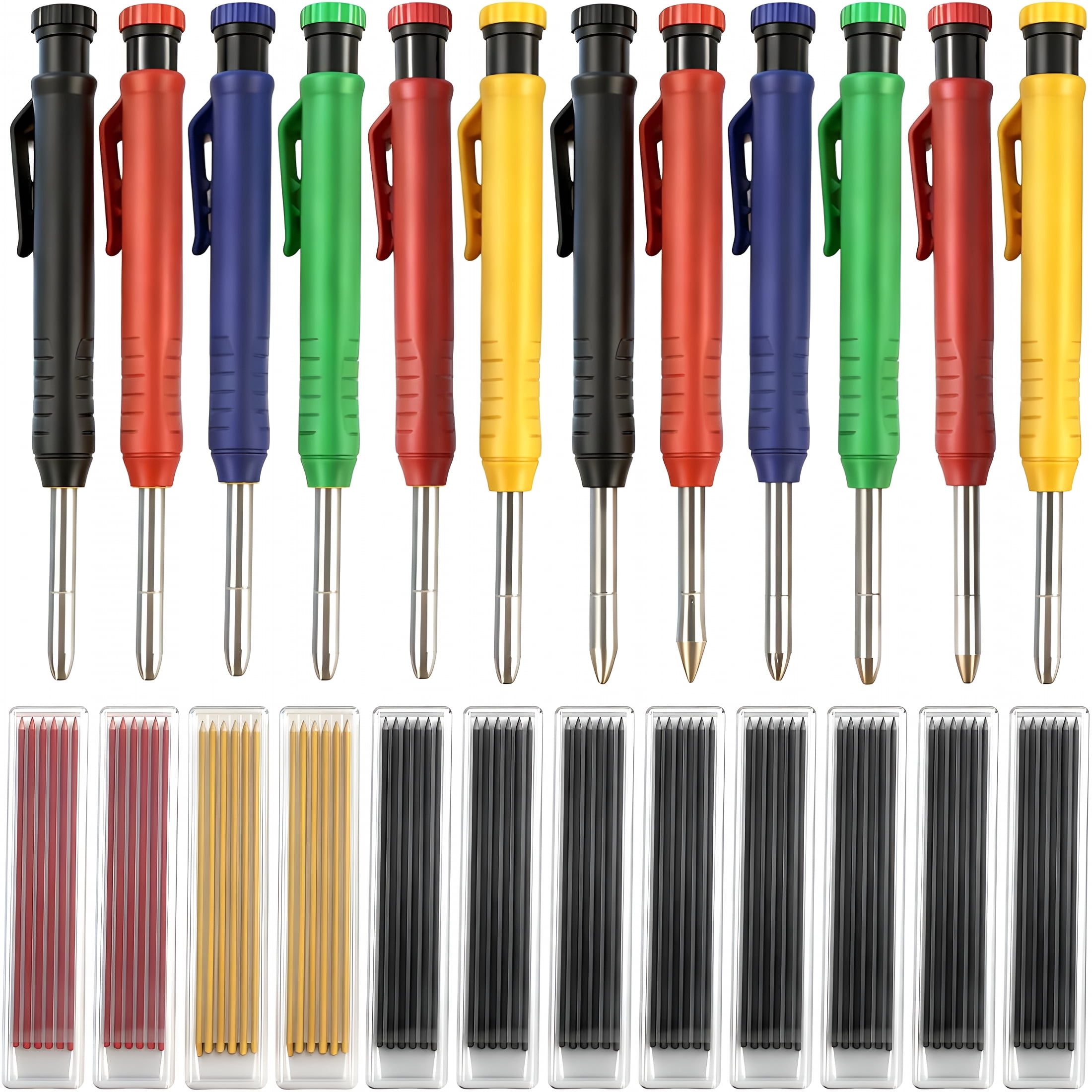 CCOCC 2026 New 12 Pcs Solid Carpenter Pencils with Built in Sharpener Long Nosed Deep Hole Mechanical Pencil Marker Construction with 72 Pcs 2.8Mm Refills for Drafting Architect Tool Woodworking