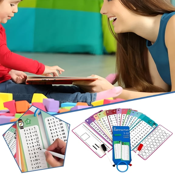 CCOCC 2026 New 15Pcs Subtraction Flash Cards 0-12 Times Table Flash Card,Flash Cards with 2 Dry Erase Pens 1 Rings,Multiplication Chart Math Flashcards for Self Check Multiplication Game Cards