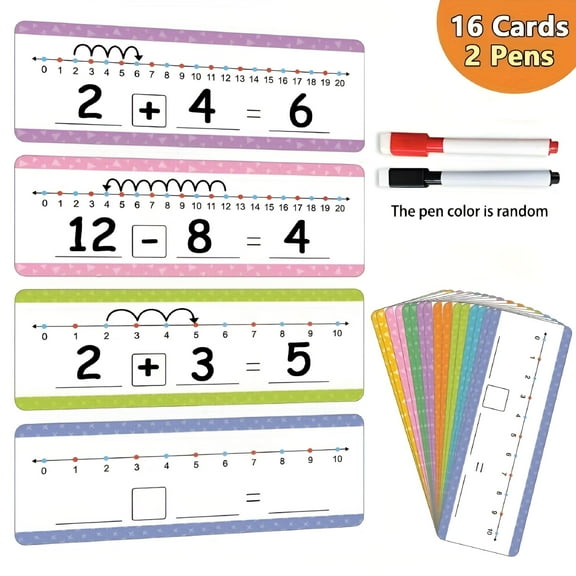 CCOCC 2026 New 16-Pack Reusable Math Addition & Subtraction Flash Cards with Number Line 0-20,Erasable & Waterproof Learning Tools for Ages 14+,Educational Math Practice Cards for Students