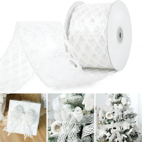 CCOCC 2026 New 1Roll 2.5 Inch Glitter Diamond Mesh Wired Ribbon for Christmas Tree Gift Wrapping Crafts Bows Wreaths Garland Tree Topper Holiday Decor 10 Yards