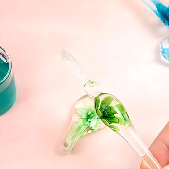 CCOCC 2026 New 1Set Fountain Pen Flower Pen End Shape Smooth Writing Portable Crystal Dip Pen with Ink Gift Green 7Pcs for Writing, Gifting, Journaling, Office Use, Stationery Collection.