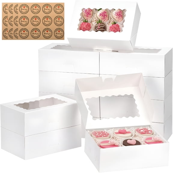 CCOCC 2026 New 20Pcs Cookie Boxes with Window Stickers,9X6X3 Inch White Bakery Boxes Dessert Container for Pastries,Chocolate Covered Strawberries,Easter Candy,Muffins,Donuts