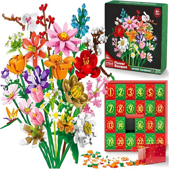 CCOCC 2026 New 24 Days Flower Bouquet Christmas Countdown,Flower Bouquet Advent Calendar,Christmas Countdown Calendar Building Blocks,Christmas Blocks for Kids Adults Teen(Chrysanthemum)