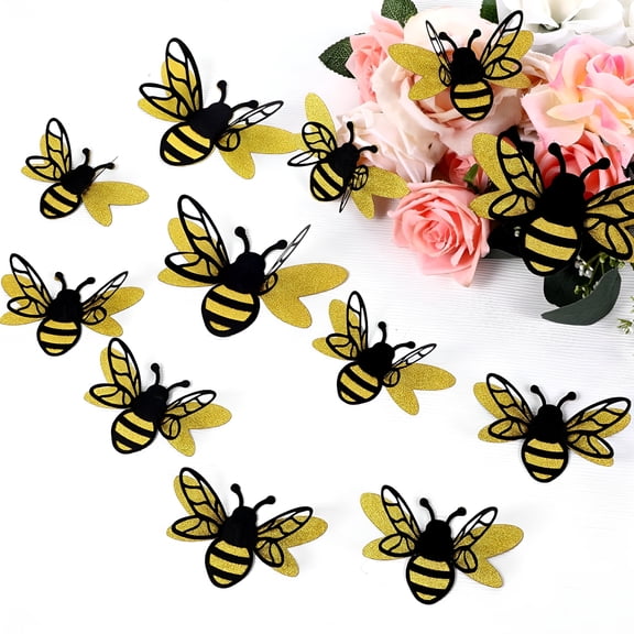 CCOCC 2026 New 24 Pcs 3D Bee Decorations 2 Size Double Layer Glitter Honey Bee Stickers Wall Decor Realistic Shining Tiny Bumble Bees Cutouts Decals for Home Party Classroom Outdoor Themed Decor