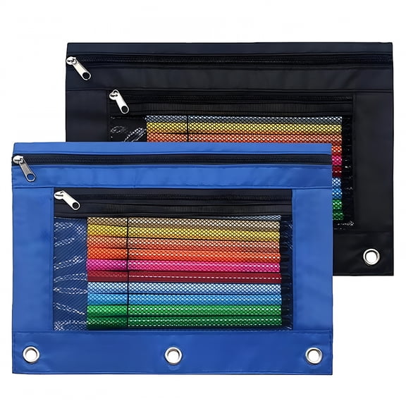 CCOCC 2026 New 2Pcs (Blue+Black) Heavy Duty Canvas Pencil Pouch with See-Through Mesh Pocket & Reinforced Rings for 3-Ring Binder,Multipurpose Zipper Pencil Case for Students,Office,Home (10" X 7")