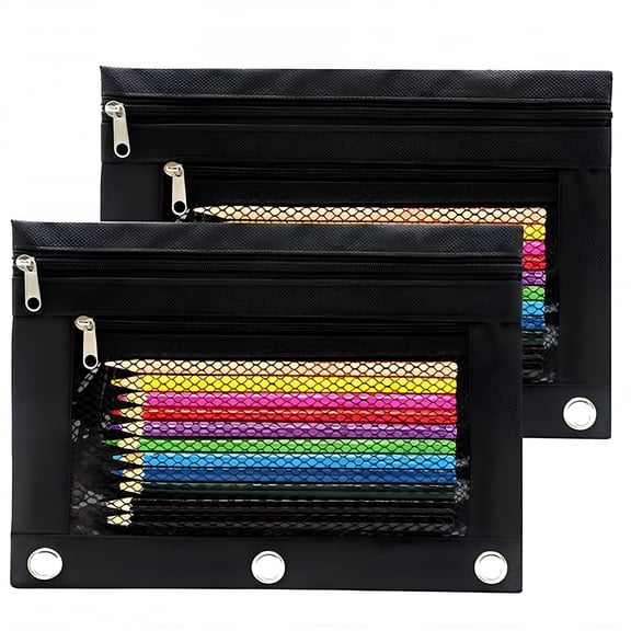 CCOCC 2026 New 2Pcs Heavy Duty Canvas Pencil Pouch with See-Through Mesh Pocket & Reinforced Rings for 3-Ring Binder,Multipurpose Zipper Pencil Case for Students,Office,Home (10.5" X 7.25")