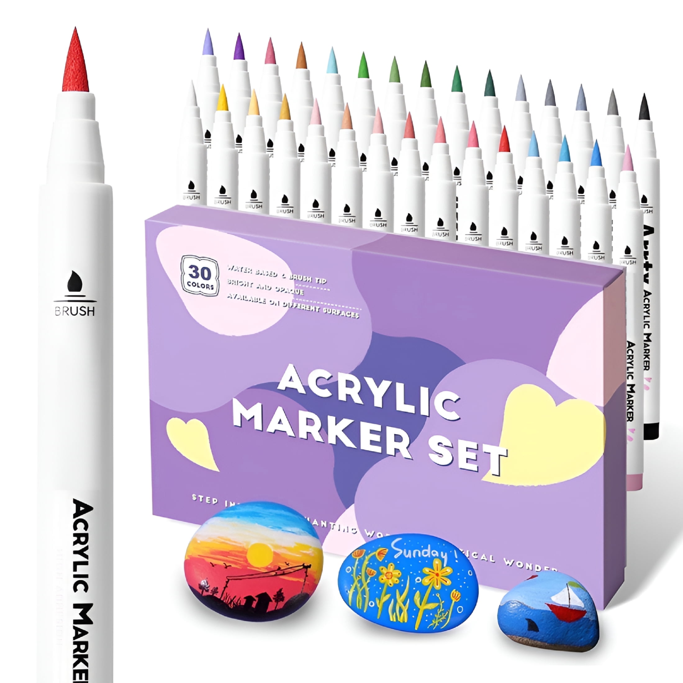 CCOCC 2026 New 30 Colors Acrylic Paint Pens for Rock Painting, Extra Brush Tip, Water Based Paint Markers for Stone, Craft Diy, Easter Egg, Wood, Glass and More