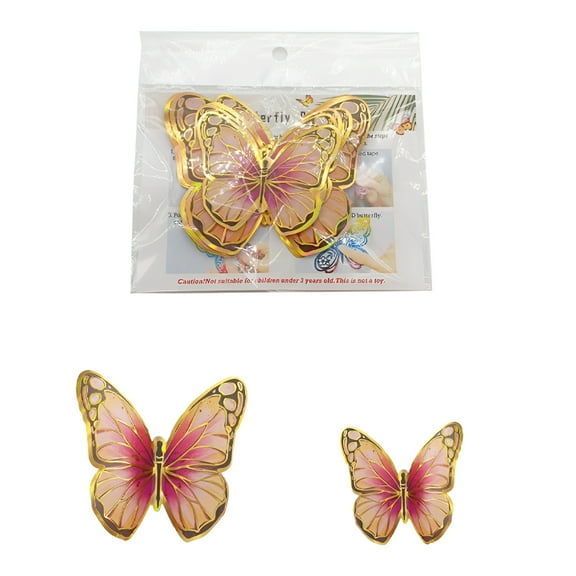 CCOCC 2026 New 3D Butterfly Wall Decor 12 Pcs,Butterfly with Golden Border for Birthday Party Cake Decorations,Removable Butterfly Wall Decor Stickers for Baby Shower Decals 12Pcs,Pink