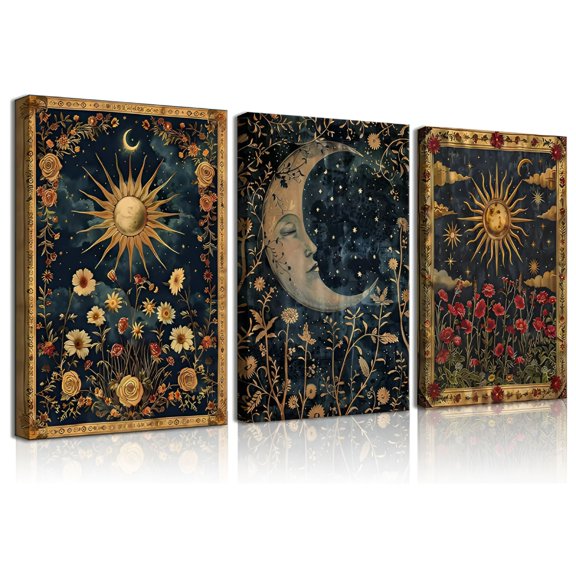 CCOCC 2026 New 3Pcs Sun&Moon Celestial Canvas Wall Art Tarot Crescent Moon Picture Wall Decor Gothic Wildflowers Painting Posters Print Artwork Aesthetic Dark Academia Vibe for Bedroom Home Decor