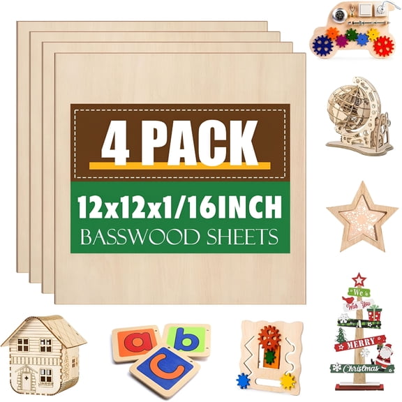 CCOCC 2026 New 4Pcs Basswood Sheets 1/16X12X12 Inch,1/16 Basswood for Laser Cutting Engraving,Thin Balsa Wood Sheets,Unfinished Wood for Crafts,Plywood Sheets for Models Making,Wood Burning&Painting.