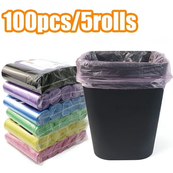 CCOCC 2026 New 5 Rolls/100Pcs Strong Bags Colorful Clear Garbage Bags,Bathroom Can Bin Liners,Small Bags for Home Office Kitchen for Trash, Recycling, Storage, Multicolor-17.7" X 19.7"
