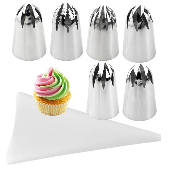 CCOCC 2026 New 7Pcs Cake Decorating Bag 7 Piece Tool Set with Nozzles Icing Bag Large Design for Big Cakes Rust Resistant Stainless Tips Pastry Bag for Birthday Wedding Holiday White