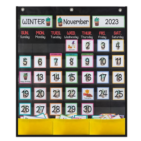 CCOCC 2026 New Calendar Hanging Bag Calendar Pocket Chart with 89 Cards 3 Hooks Portable Pocket Chart for Classroom, Homeschool, Office, Daycare Wall Door Decor for Classroom Home,20 X 23.62Inch