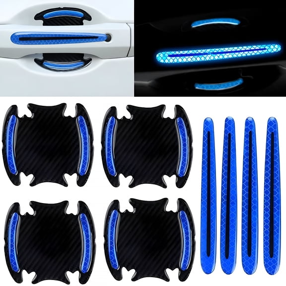 CCOCC 2026 New Car Door Handle Reflective Stickers Universal Auto Door Handle Scratch Cover Guard Protective Film Pad with Safety Reflective Strips 8 Pack(Blue Color)