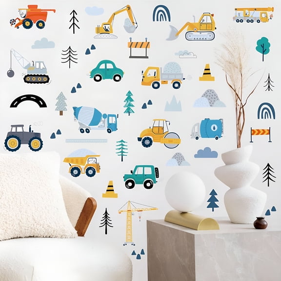 CCOCC 2026 New Construction Wall Stickers - 6 Sheets 90 Pcs Construction Themed Trucks Excavator Crane Wall Decals Peel and Stick Wall Decors for Kids Baby Bedroom Boys Room Nursery Playroom