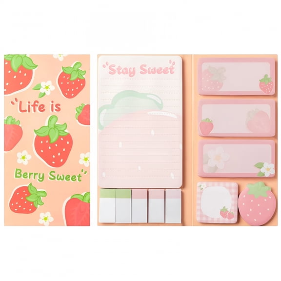 CCOCC 2026 New Cute Sticky Notes Set,Self-Stick Notes Pad Gift,Writing Memo Pads Page Marker to Do Notepad Separation Tabs Office Supplies - Strawberry Theme 3.9X7.9In
