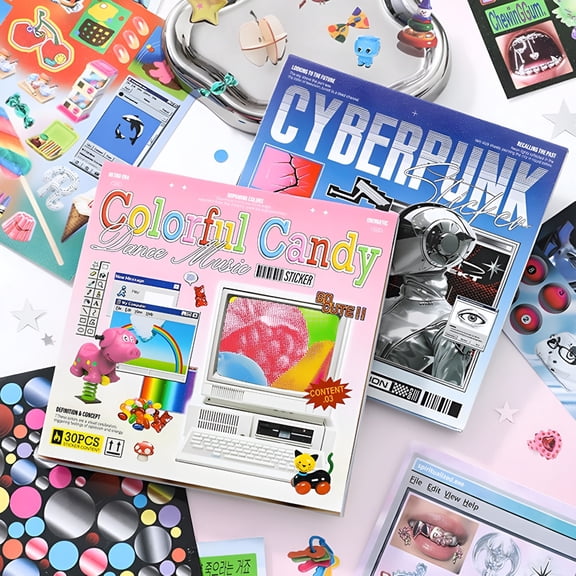 CCOCC 2026 New Cyberpunk Retro Futuristic Sticker Collection Book,30 Sheets Diy Decorative Stickers with Glitter,Glossy and Matte Foil Designs,125X125Mm(2 in 1)