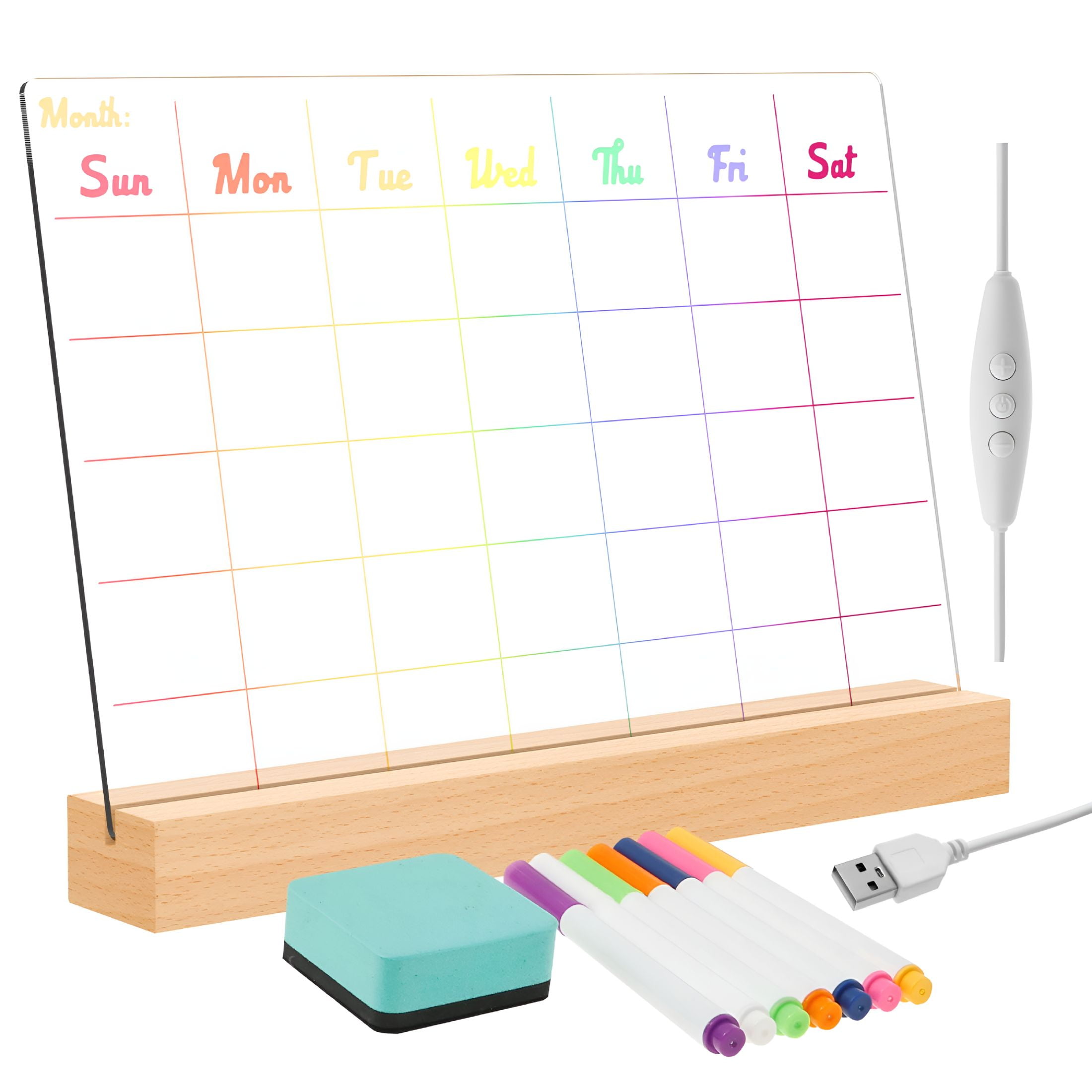 CCOCC 2026 New Dry Erase Calendar Reusable Acrylic Desk Calendar with Wood Base Light Up Dry Erase Board for Office Home Bedroom Holiday