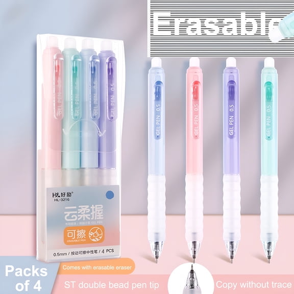 CCOCC 2026 New Erasable Pens Black Ink Gel Pen with Eraser Clear,0.5Mm Fine Point,Smooth Writing for Note Taking Marking Planner Crossword Puzzles (4Pcs)