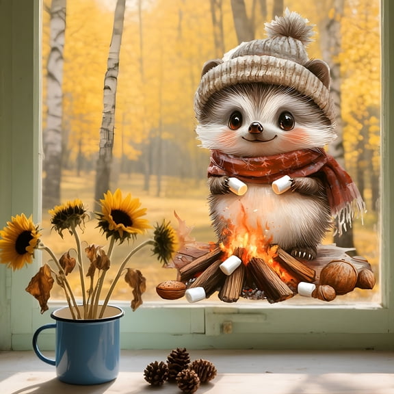 CCOCC 2026 New Fall Window Stickers Cute Squirrel Pine Cones Designs Double-Sided Cartoon Animal Decal Fall Leaves Window Clings Autumn Window Clings