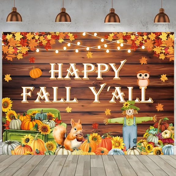 CCOCC 2026 New Happy Fall Y'All Banner Backdrop Fall Pumpkin Harvest Photography Background Cute Scarecrow Squirrel Rustic Wood Truck Maple Leaves Banner for Thanksgiving Autumn Party Decor Supplies