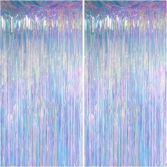 CCOCC 2026 New Iridescent Foil Fringe Backdrops Party Decorations-3.2 X 6.56 Ft Metallic Tinsel Photo Backdrop Curtains for Ocean Princess Birthday Parties-Iridescent 2 Packs