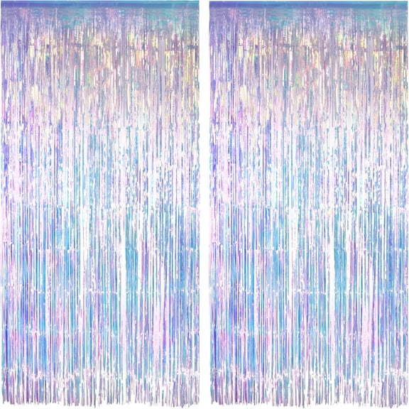 CCOCC 2026 New Iridescent Party Streamers Backdrop - Neon Transparent Holographic Tinsel Foil Fringe Curtain for Mermaid/Frozen/Sea/Euphoria/Eras Party Theme Decorations 3.2Ft X 6.5Ft 2 Pcs