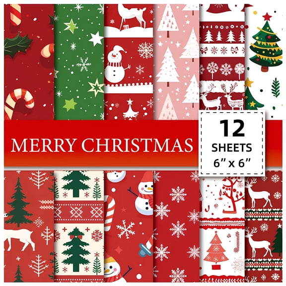 CCOCC 2026 New Merry Christmas Scrapbook Paper Christmas Pattern Paper 12 Double-Sided Red and Green Christmas Cardstock Pad for Holiday Card Making Diy Origami Decoration Craft Paper
