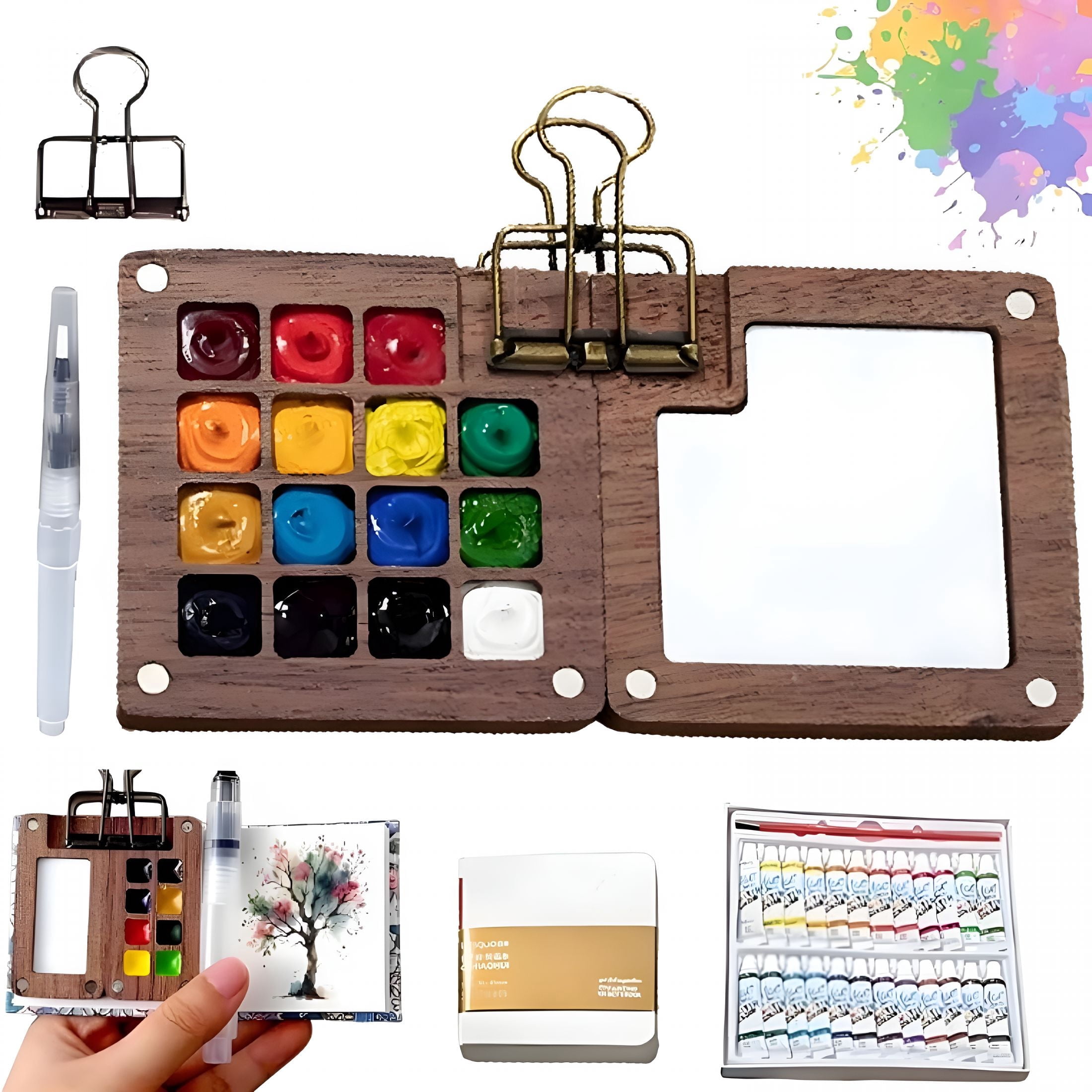 CCOCC 2026 New Mini Watercolor Kit,Portable Wooden Grid Paint Box for Artists,Watercolor Paint Set Students&Travel,Pocket-Sized Travel Watercolor Set with Pigments