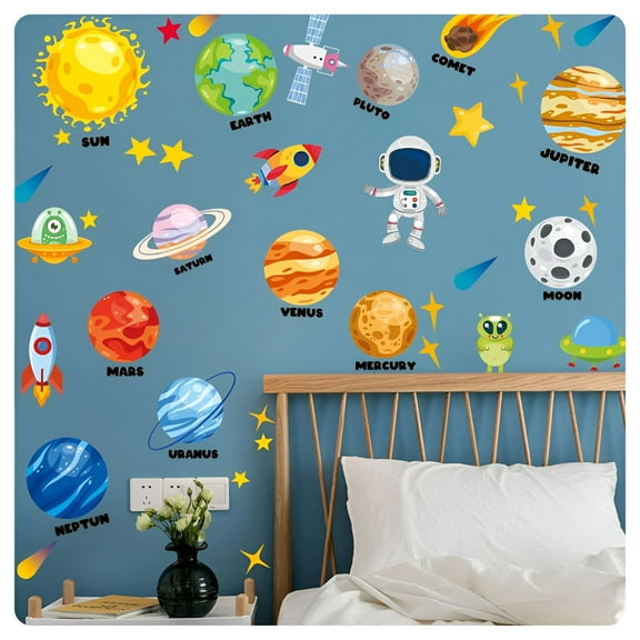 CCOCC 2026 New Outer Space Wall Decals-4 Sheets 58 Pcs Large Space Planets Rocket Astronaut Wall Stickers Peel and Stick Removable Wall Decors for Kids Baby Bedroom Boys Room Nursery Playroom