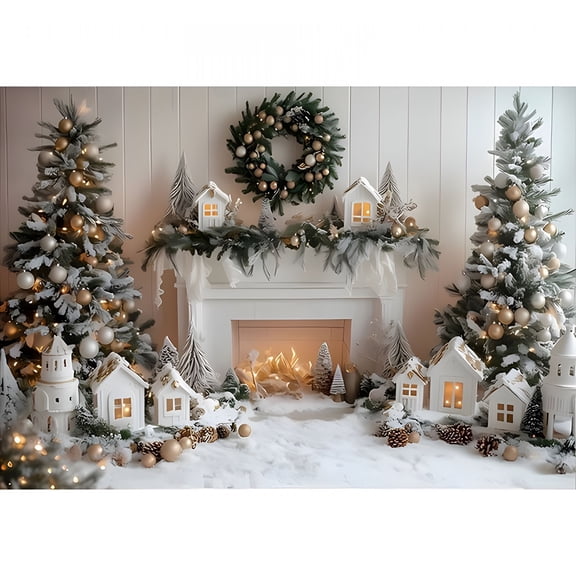 CCOCC 2026 New Polyester Christmas Fireplace Photography Backdrop Vintage Xmas Tree Sock Background Santa Gift Party Decorations Portrait Photo Banner Booth Props with Four Holes 59X70.8In