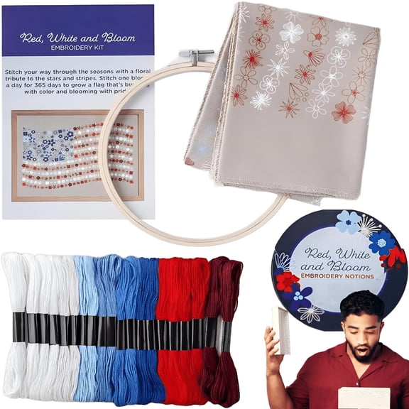 CCOCC 2026 New Red,White&Bloom Embroidery Kit,Us 250Th Anniversary Cross Stitch Kit,Flowers Embroidery Kits,Full Range of Embroidery Starter Kits for Beginners Adults,Gifts for Veterans&Craft Lover