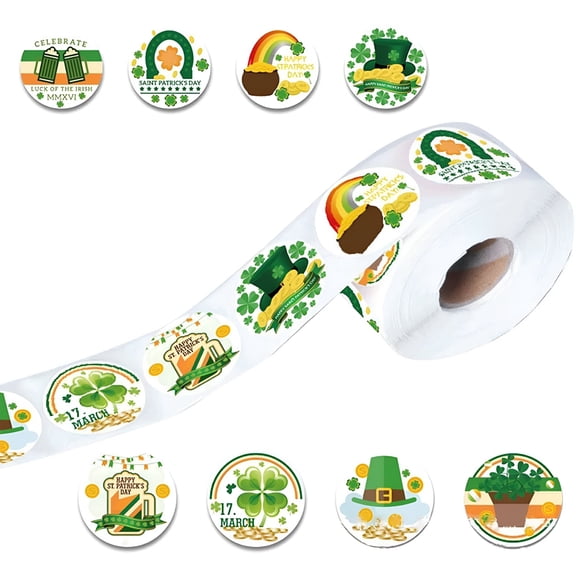 CCOCC 2026 New St PatrickS Day Roll Stickers Round Irish Shamrock Sticker Multi Styles Shamrock Adhesive Label for St Patrick'S Day Party Present Decorations Craft Supplies