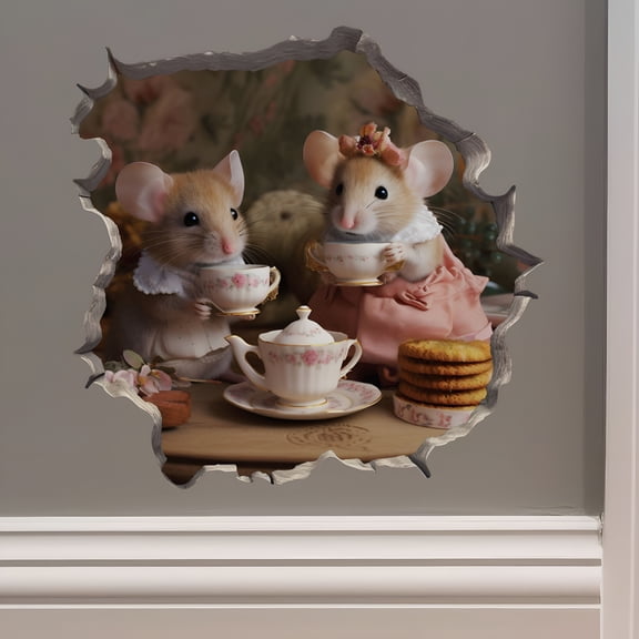 CCOCC 2026 New Tea Time Mice in Mouse Hole Decal - Mouse Hole 3D Wall Sticker Mouse Hole Wall Decal for Bedroom,Living Room,Kitchen,Playroom