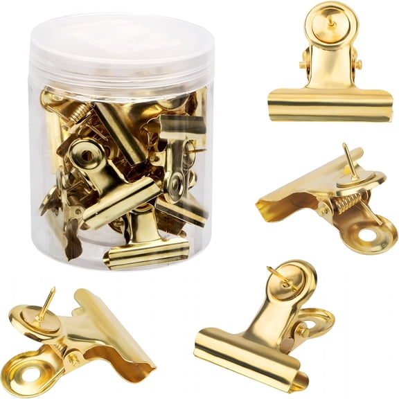 CCOCC 20pcs Gold Push Pins Clips, Thumb Tacks Bulldog Clips with Pins Metal Pushpin Holder Bulletin Board Cork Board Accessories for Home Office Cubicle Wall Use