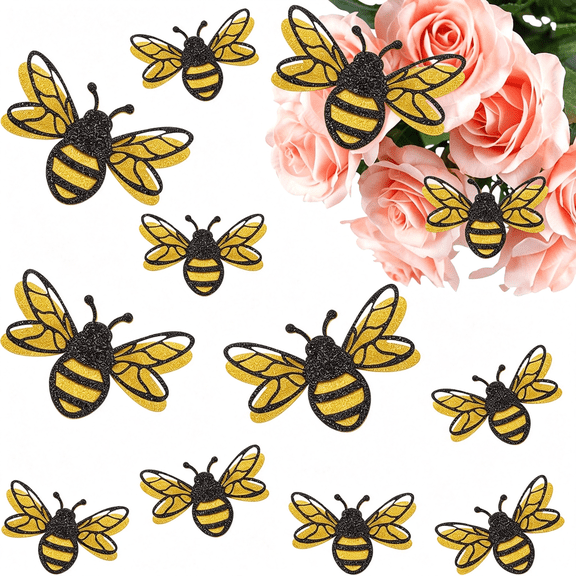 CCOCC 24 Pcs 3D Bee Stickers 2 Sizes Honey Bee Party Wall Decor Glitter Double-Layer Bumble Bees Stickers Yellow Honey Bees Spring Summer Window Cling Decor for Crafts Home Windows Parties
